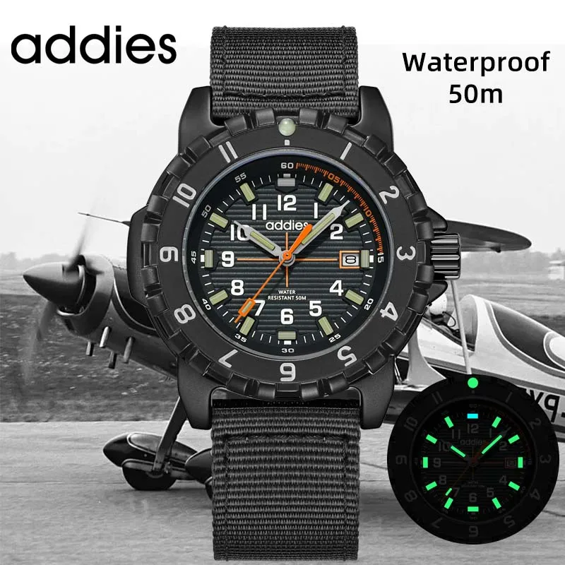ADDIES Military Men's Quartz Wristwatch Nylon Strap Waterproof Luminous Date Function Outdoor Sport Wristwatch Male's Watch