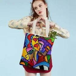 Fashion Colorful Abstract Painting Women Canvas School Bag Shopping Shoulder Bag Both Sided Cartoon Girl Tote Travel Handbag