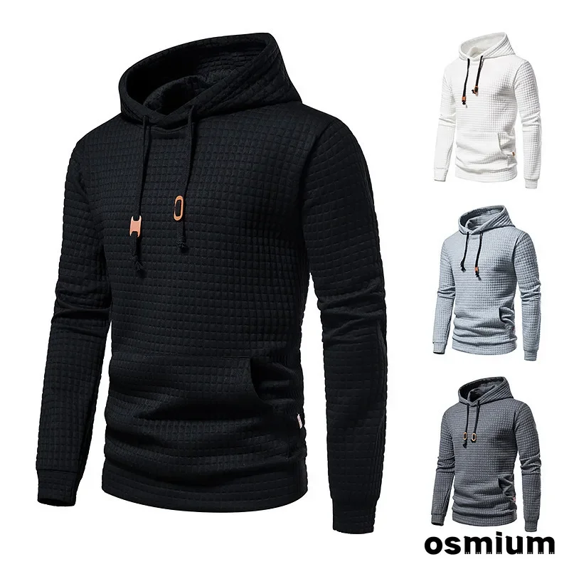 Men Jacquard Check Pattern Casual Hooded Street Hoodie Oversize Boys White Black Slim Fit Sweatshirts School Sportswear 3xl