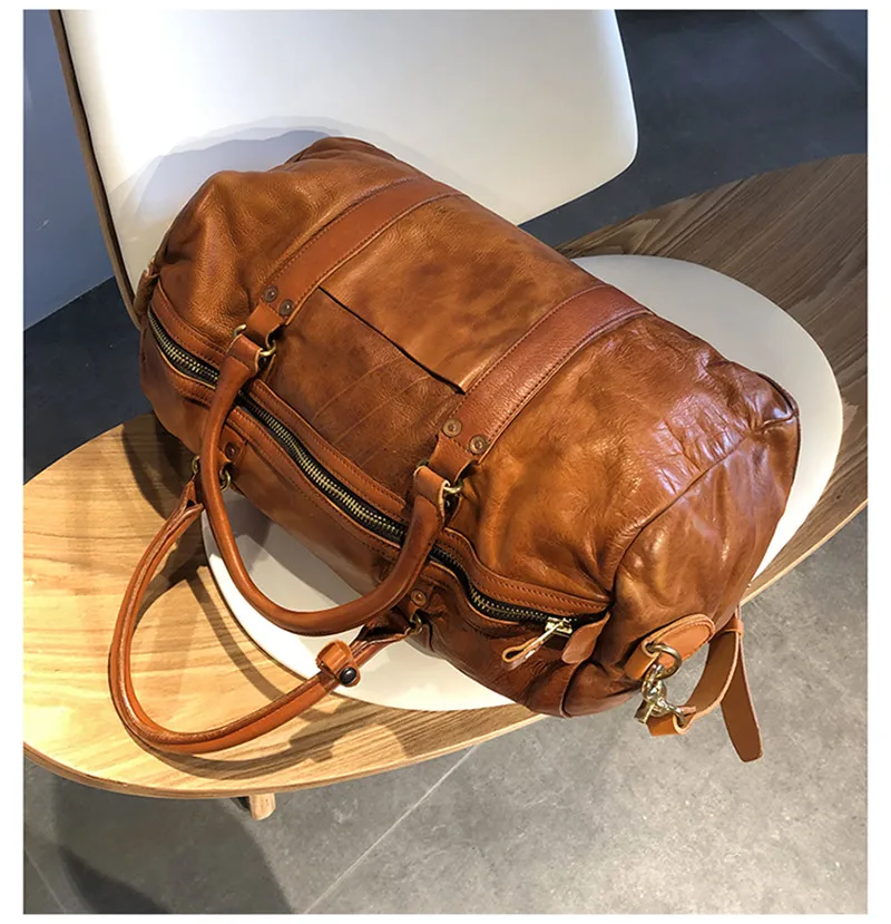 Vintage luxury natural genuine leather men\'s large-capacity travel bag weekend outdoor soft real cowhide big fitness luggage bag