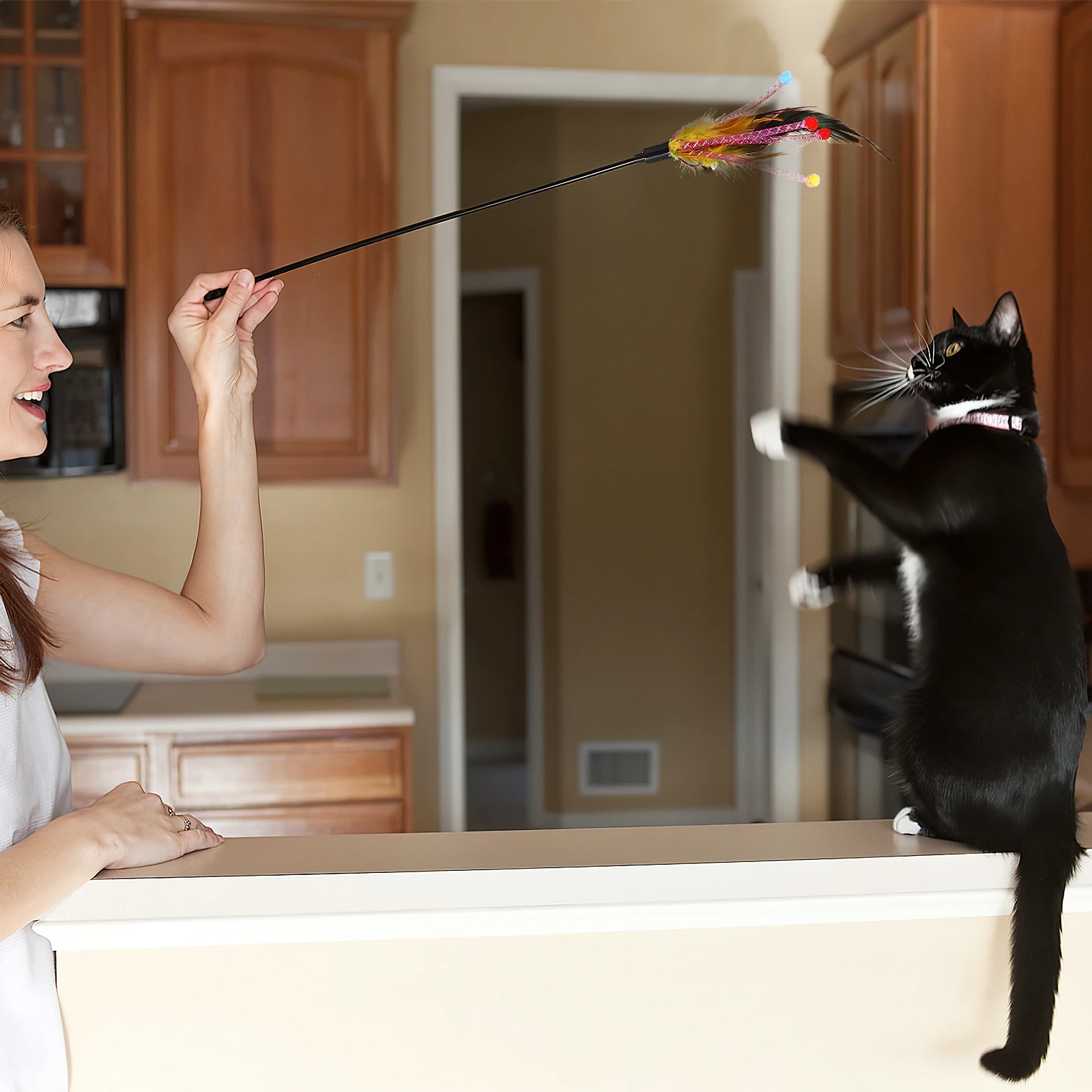 

4 pcs Cat Teaser Wand Anti S Handle Colorful Fabric Stripes Crisp Ring Bell Interactive Household Pet For Cats Play
