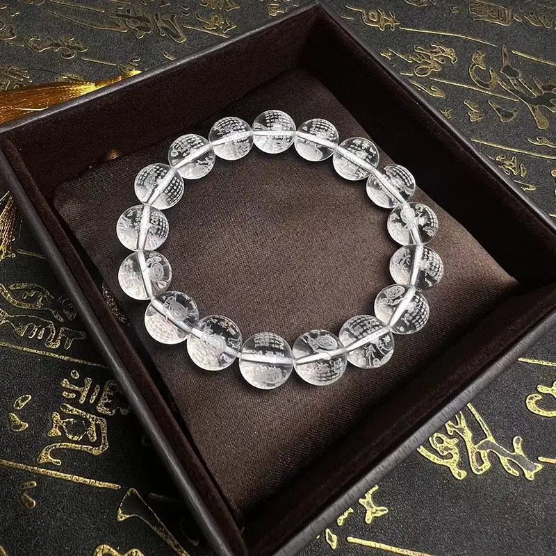 Pure Natural White Crystal Carved Gathering Fortune Bracelet Washable Accessories Hand String Jewelry Round Bead Wealth Money
