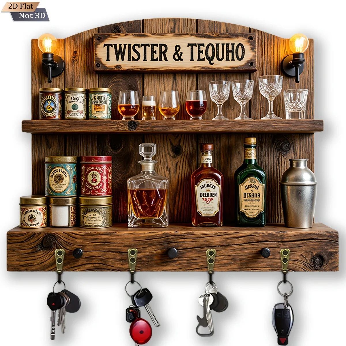 2D Flat, 1pc, Retro Whisky Cellar Theme Style Key Hook, Wooden Multi-functional Home Key Rack, with Four Metal Hooks, Wall