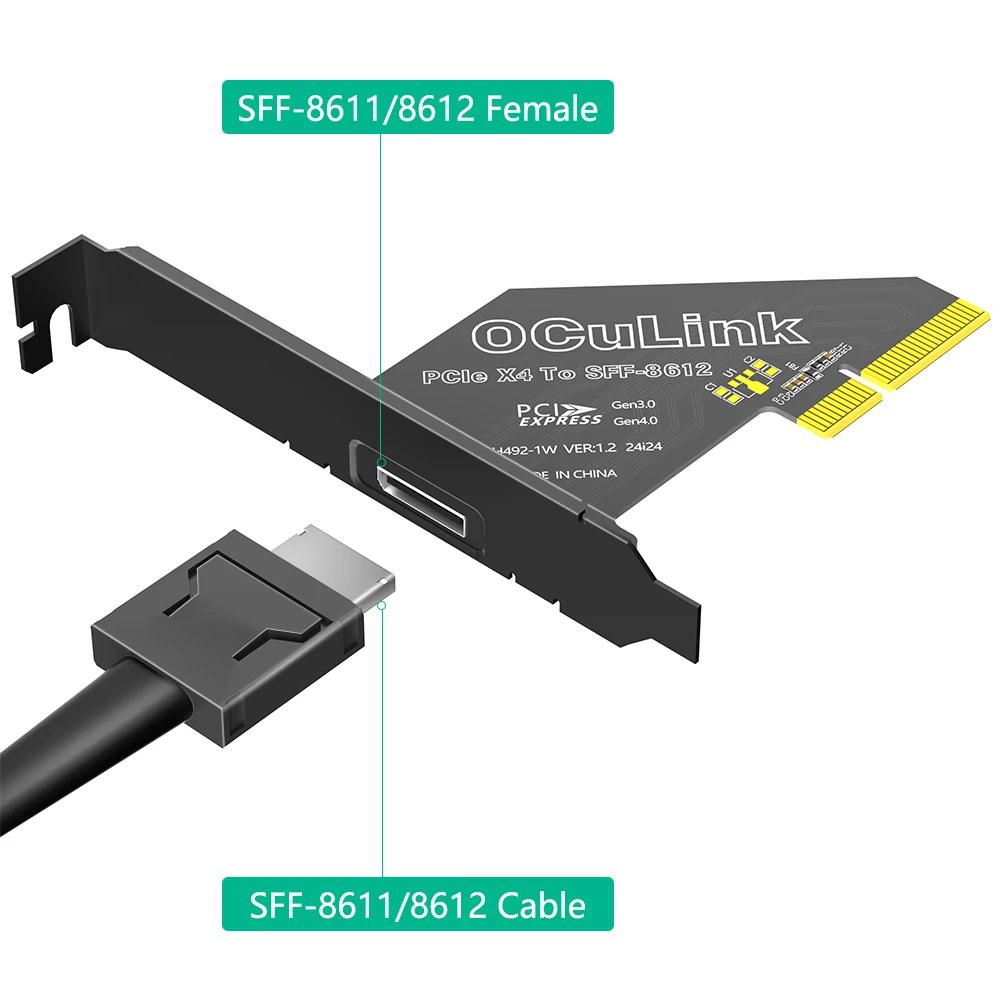 TISHRIC PCIE 1X 4.0 إلى Oculink SFF 8611/8612 محول مع قوس طويل الملف الشخصي PCI Express X4/X1 SSD إلى U.2 SFF-8612 محول