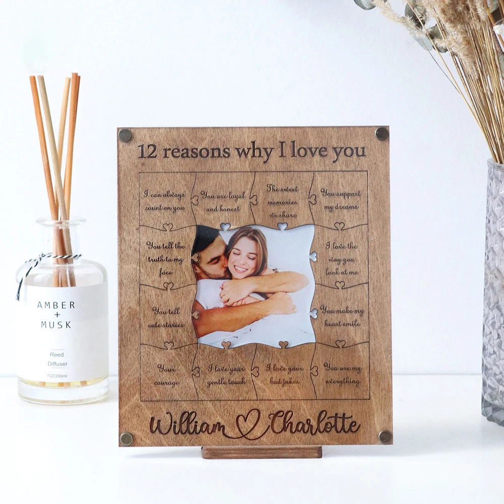 Valentine's Day Gift Custom Photo Frame Puzzles Ornaments 12 Reasons Why I Love You With Name Date Diy Wood Puzzle Piece Collage