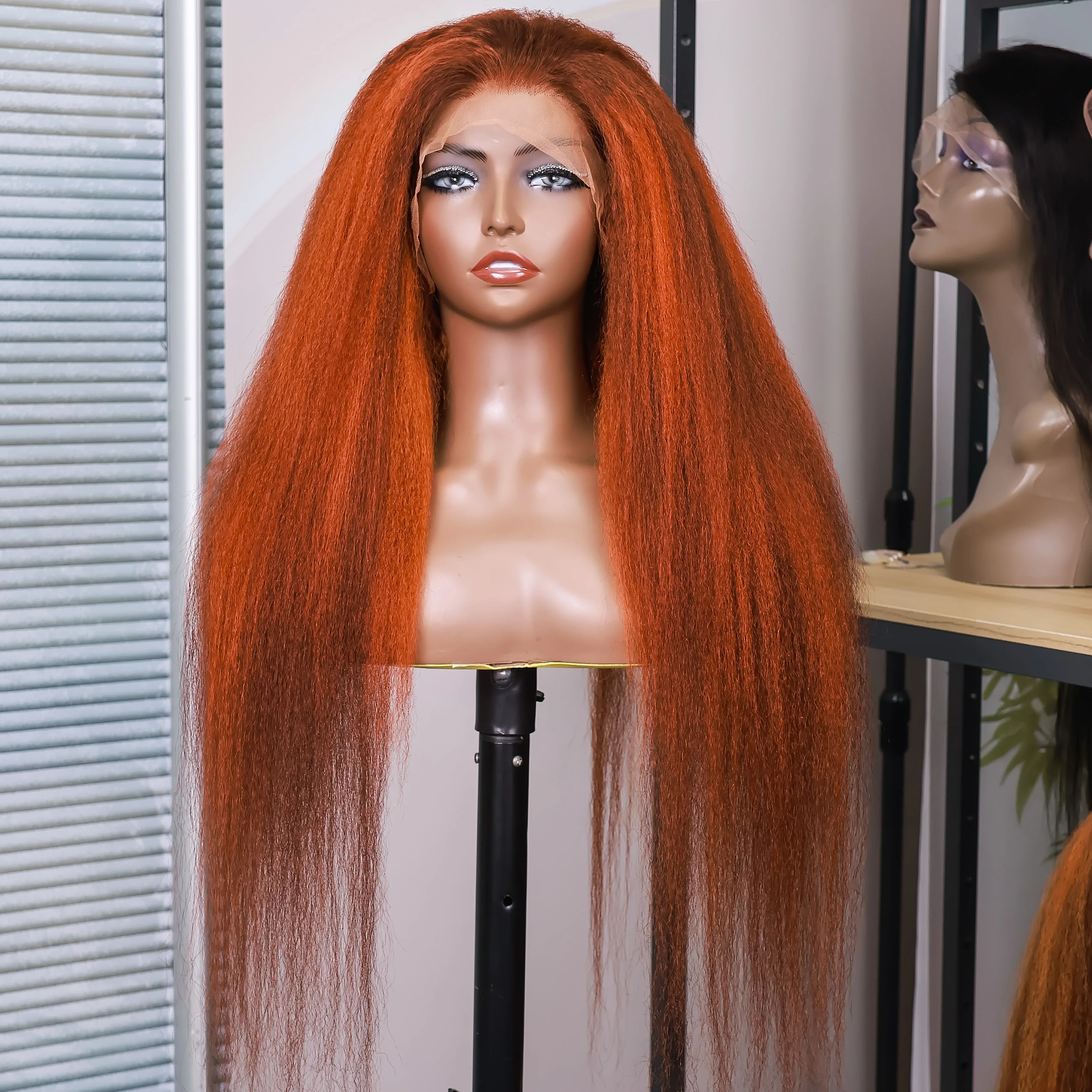 Kinky Straight 4/350 Highlight 13x6 HD Lace Frontal Human Hair Wigs Ginger Brown Piano Colored Yaki Straight Human Hair Wig 200% - view 4