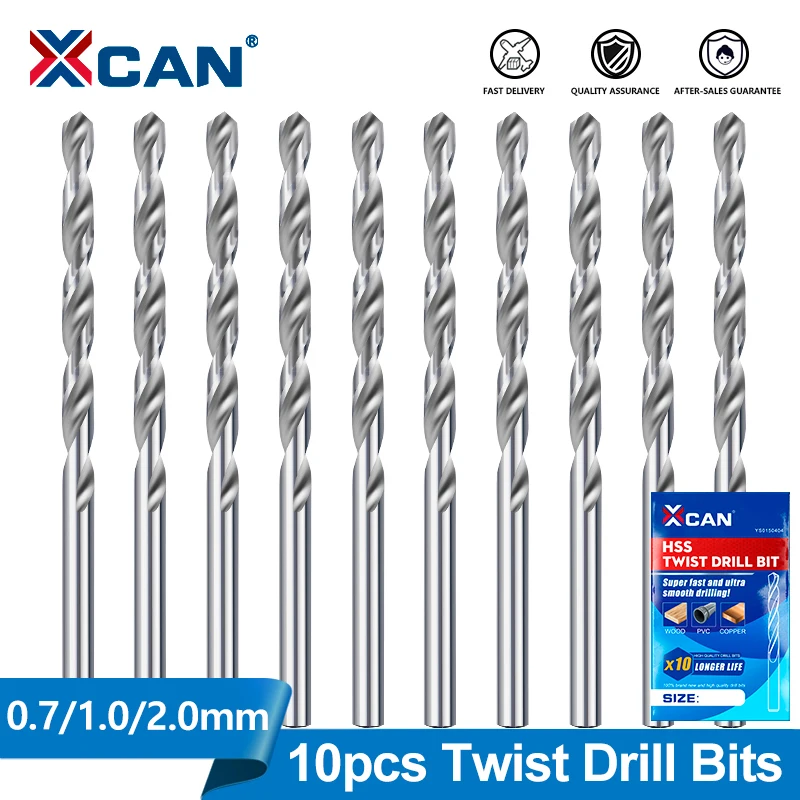 XCAN 10pcs 0.7/1.0/2.0mm HSS Twist Drill Bits Set Straight Shank Mini Drill Bits Woodworking Hand Drill Bits For Rotary Tools