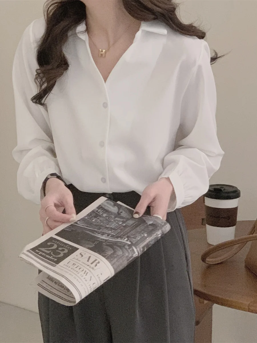 

Женская винтажная блузка Ele с V-образным вырезом, однотонная, весенняя, для повседневной носки, с длинным рукавом, стандартной длины, с поясом