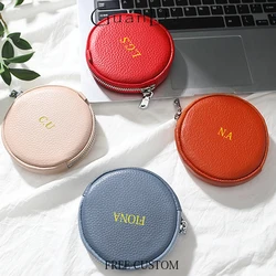 Custom Letter Round Coin Purse Fashion Coin Wallet Woman Men Genuine Leather Pouch Zip Storage Bag Casual Earphone Key Wallet