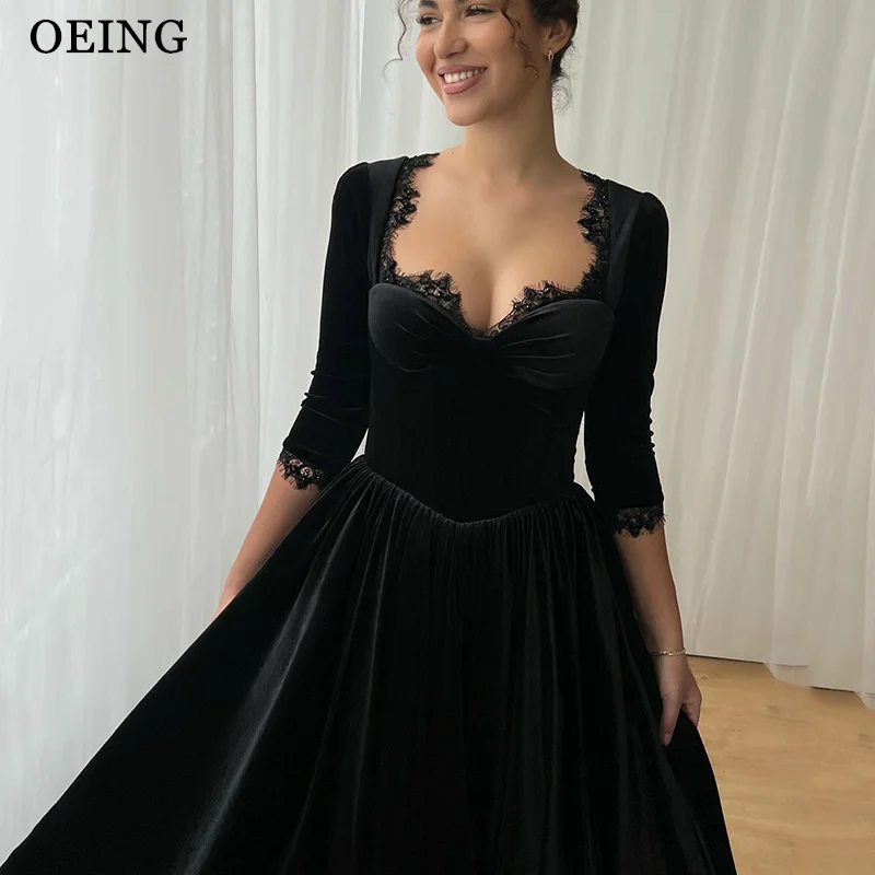 

OEING Elegant A-Line Prom Dress Black Velvet Sweetheart Ankle Length Princess Dresses With Lace Party Dresses Customized