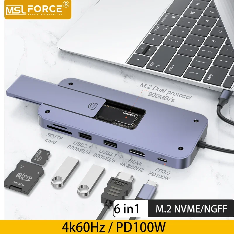 Nvme external m.2 ssd enclosure 10Gbps usb type c hub docking station sata multi port with HDMI for laptop External hard case