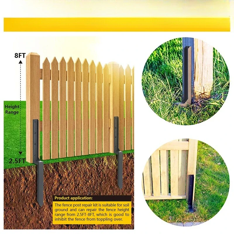 Heavy duty steel fence post repair piles, fence post anchor ground nails, for repairing sloping/broken wooden fences