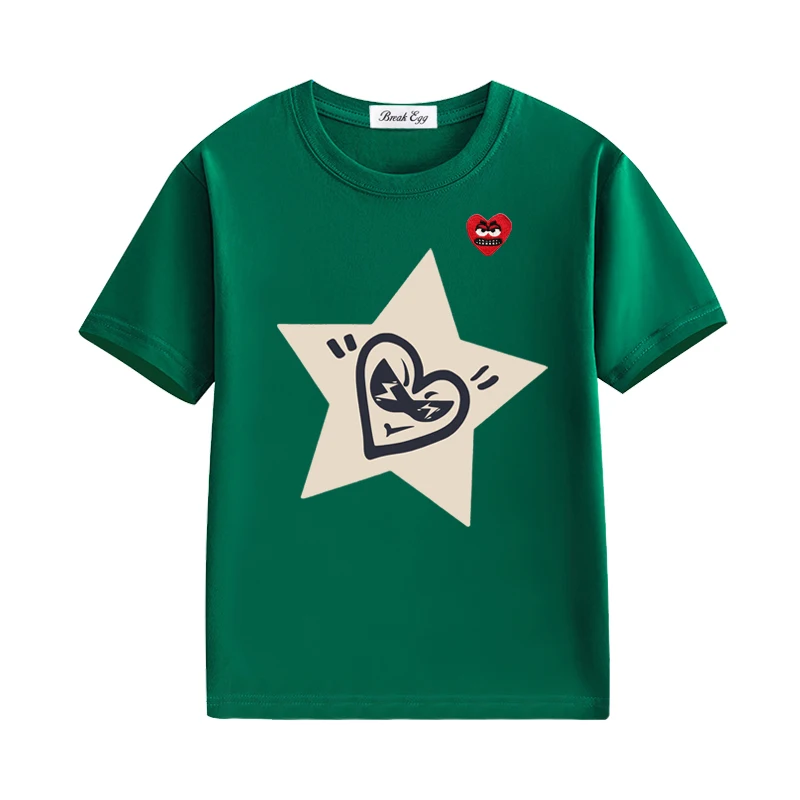 Star Printing Boy Girl T-shirt Cotton Cartoon Snag Heart Embroidery O-neck Short-sleeved Kid Straight Summer T-shirt