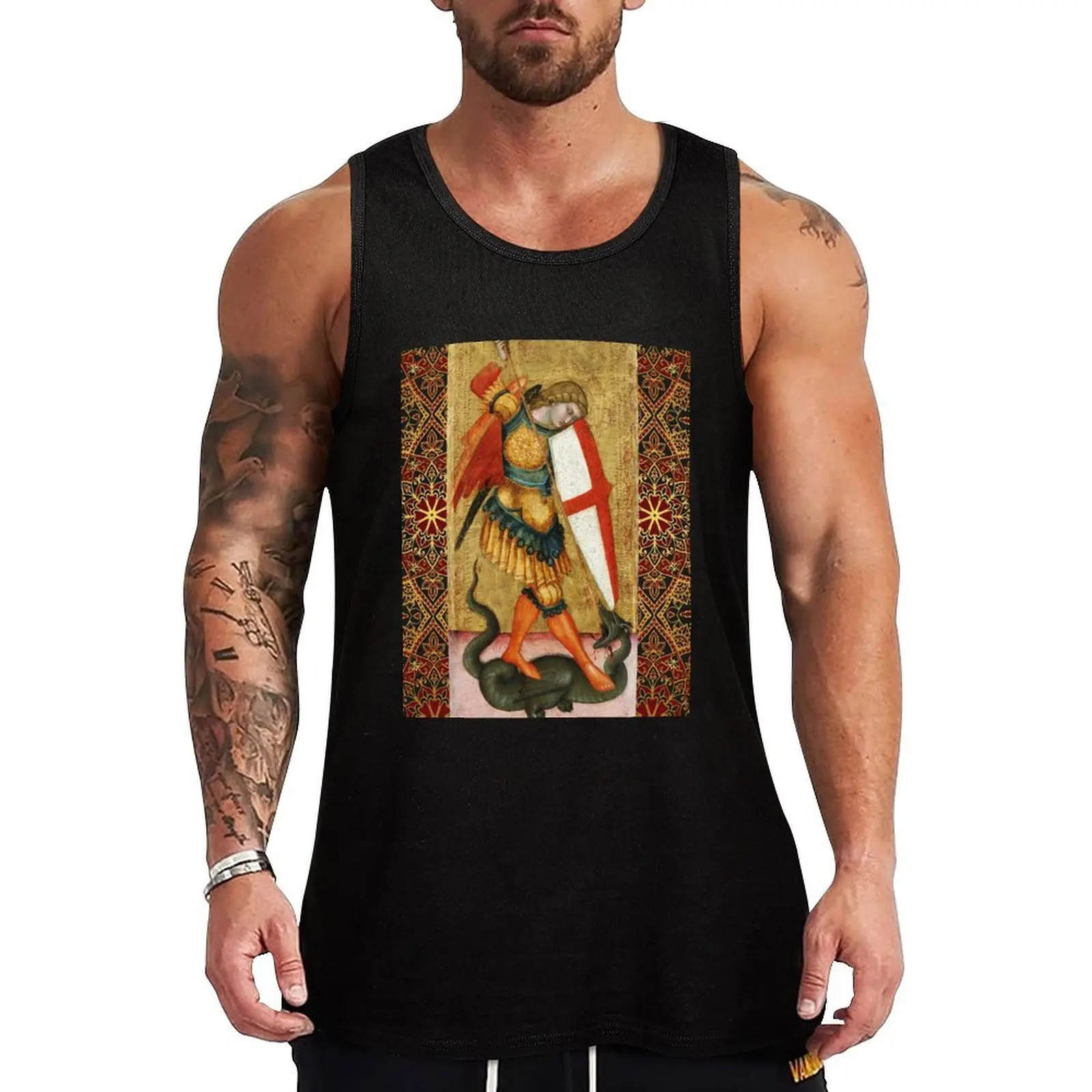 St. Michael Archangel and Dragon Sienese School Medieval Art Tank Top Soft Basic Tank Top Breathable Sleeveless Daily Shirt