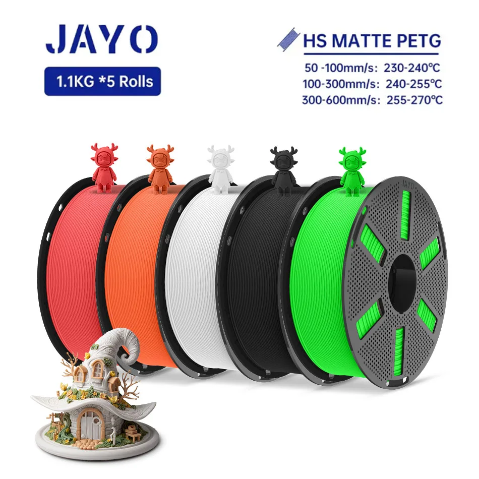 JAYO PETG 3D-Filament, 1,75 mm, Hochgeschwindigkeits-PETG-3D-Drucker-Filament, 5 Rollen, hoher Durchfluss, schneller, mattierter Effekt, 3D-Druckmaterialien