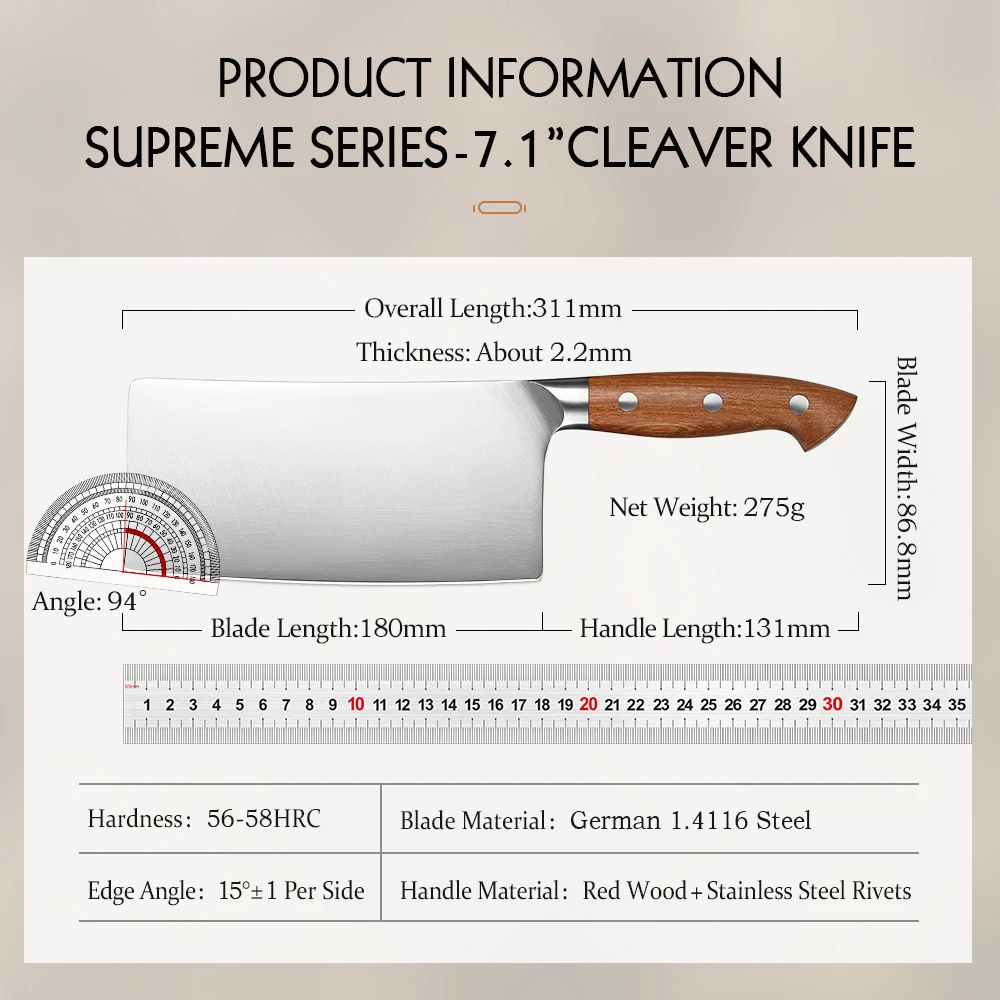 HEZHEN 7.1 Inch Cleaver Knife German 1.4116 Stainless Steel  Chinese Slice Kitchen Knife Redwood Handle Gift Box