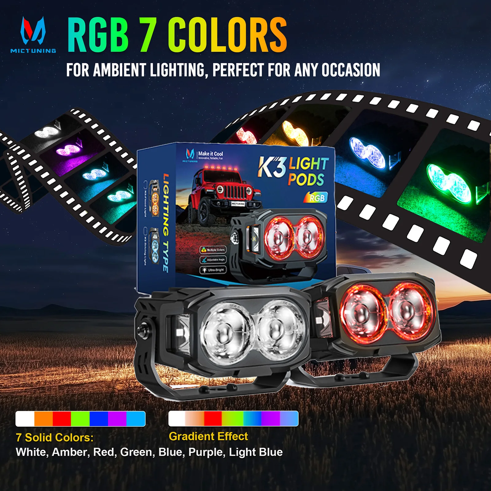 

MICTUNING Off-Road Vehicle Spotlight 3-inch RGB LED Work Lights, (RGB Colour-Changing with White Light) 4x4 Off-Road Fog Lamps