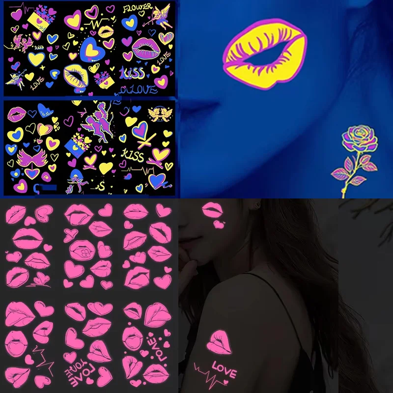 Valentine's Day Fluorescent Lip & Face Tattoo Stickers UV Glow-in-the-Dark Butterfly Flower Lover Decals for Festival Body Art
