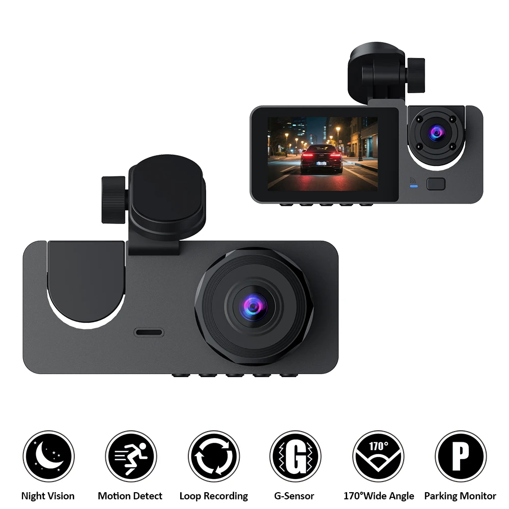 Caméra embarquée avant et intérieure, enregistrement avant 1080P et intérieur 720P, caméra DVR de voiture avec 170° de champ de vision °   Caméra de tableau de bord compacte pour voitures, grand angle, vision nocturne, surveillance de stationnement 24h/24, enregistrement en boucle, capteur G