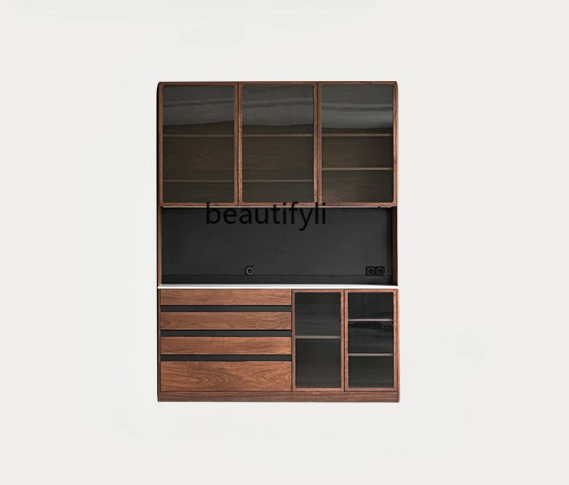 

Multifunctional Sideboard Cabinet Black Walnut High Cabinet to Top Kitchen Locker Stone Plate Solid Wood Integrated Wall