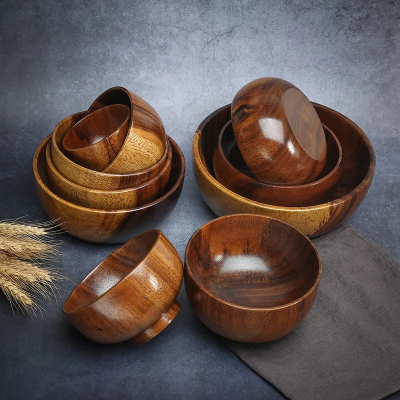 Japanese Style Nature Wooden Bowl Bowl Soup/Salad Rice Bowls Tableware Household Basin Fruit Plate Salad Bowl Wooden Soup Bowl