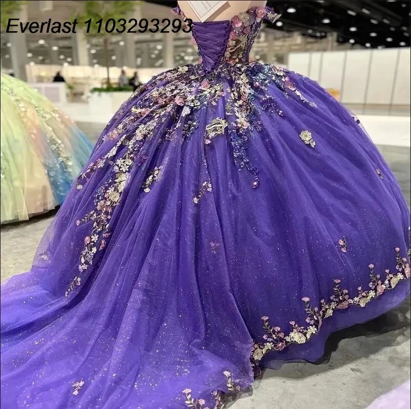 فستان EVLAST-Quinceanera ، مطرز بالزهور ثلاثية الأبعاد ، ثوب كرة ملون ، أرجواني لامع ، المكسيكي الحلو 16 ، TQD253 ، 15