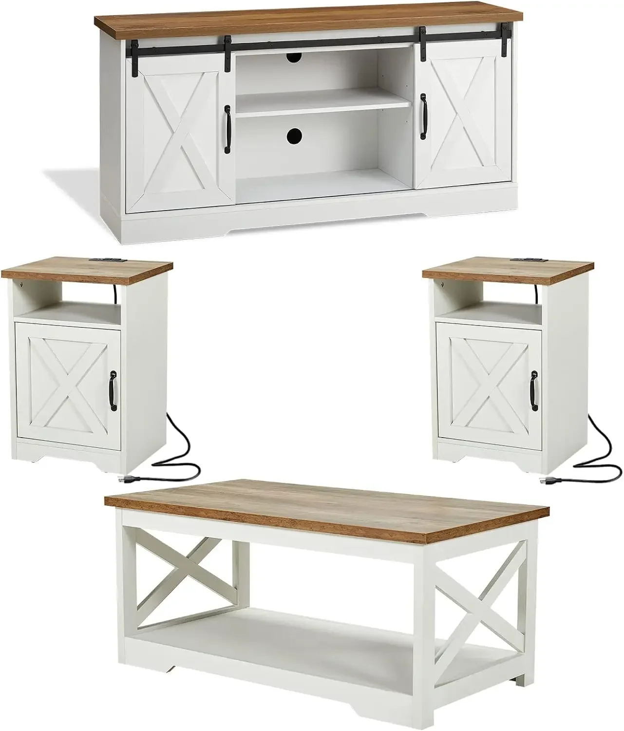 

4-Piece Farmhouse Table Set Includes Sliding Barn Door TV Stand, Coffee Table& Two End Tables, Side Table with Charging Station