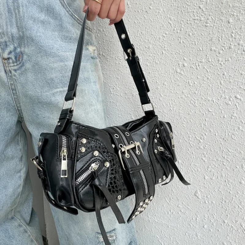 

Retro Motorcycle Bag Korean Style Belt Buckle Rivet Shoulder Bag Fashionable Punk Style Handbag Y2k Cool Women's Zipper Wallet