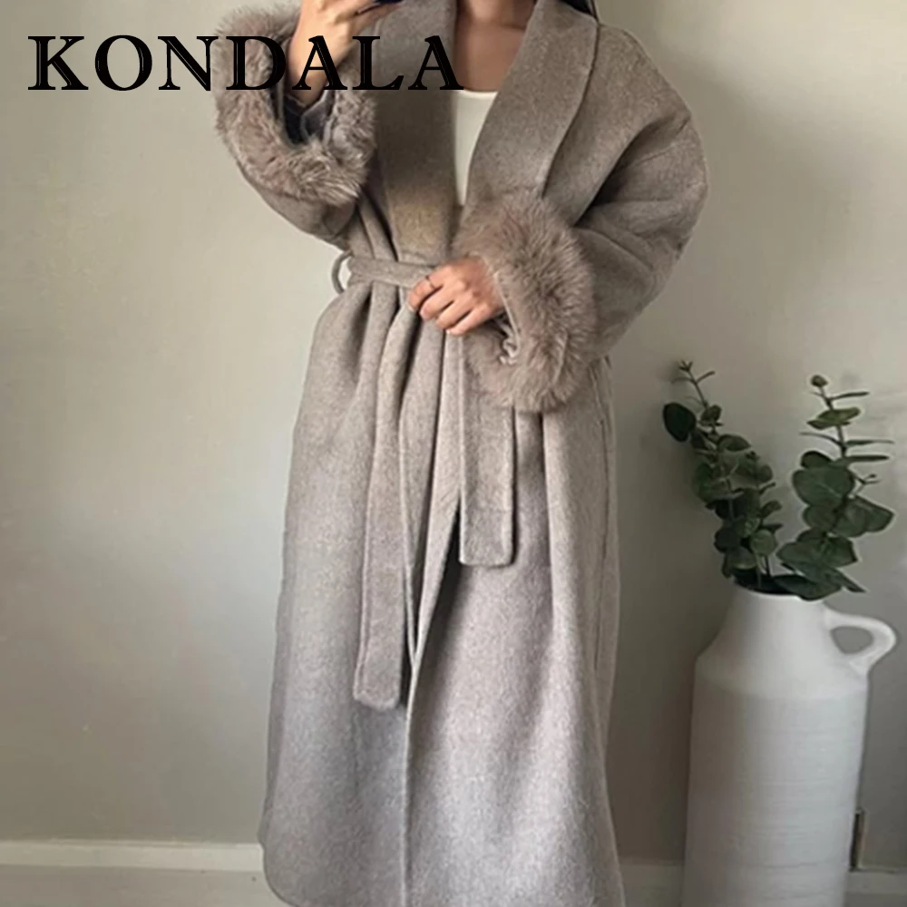 

KONDALA Роскошные шикарные женские винтажные осенние длинные пальто 2025 года с поясом и карманами с отложным воротником, уличная одежда, свободные повседневные женские пальто