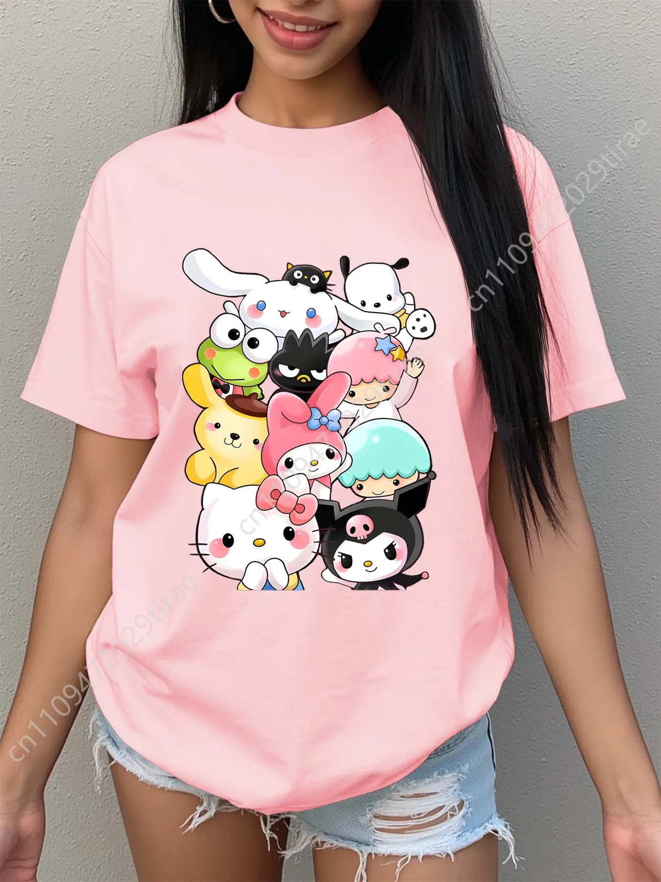 Women'S Sanrio Character Print T-Shirt | Cute Anime Graphic Tee with Hearts, Pastel Colors - Soft Everyday Women Cosplay