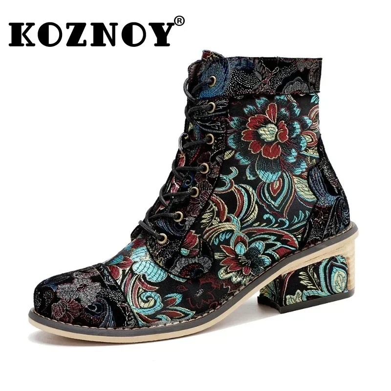 Stivali Koznoy per donna 4.5cm Craft Jacquard Cloth pelle di pecora Designer ricamo ZIP Plus Size scarpa etnica primavera autunno