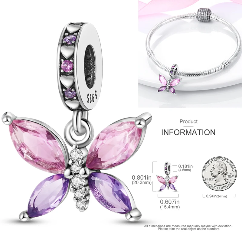 Schmetterlingsanhänger 925 Sterling Silber Rosa Blau Regenbogen Perlenanhänger Passend für Europäische Armbänder DIY Schmuck Geschenk für Frauen und Mädchen 2026 – Detail 21