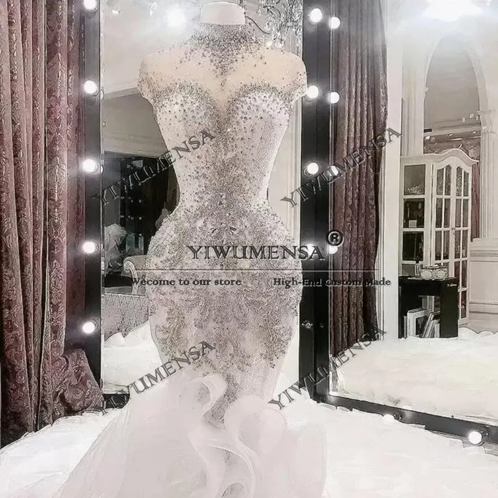 

Exquisite Arabic African Mermaid Wedding Dresses For Bride Customized Hign Neck Lace Appliques Crystals Beads Bridal Gowns 2025