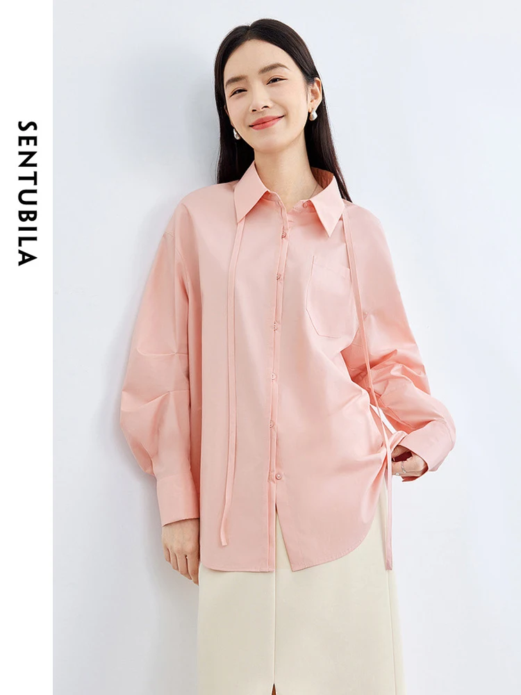 SENTUBILA Cotton 100% Casual Pink Shirt 2024 Spring Simple Lace-up Button Up Women\'s Blouse Lantern Sleeve Womens Tops 141C53098