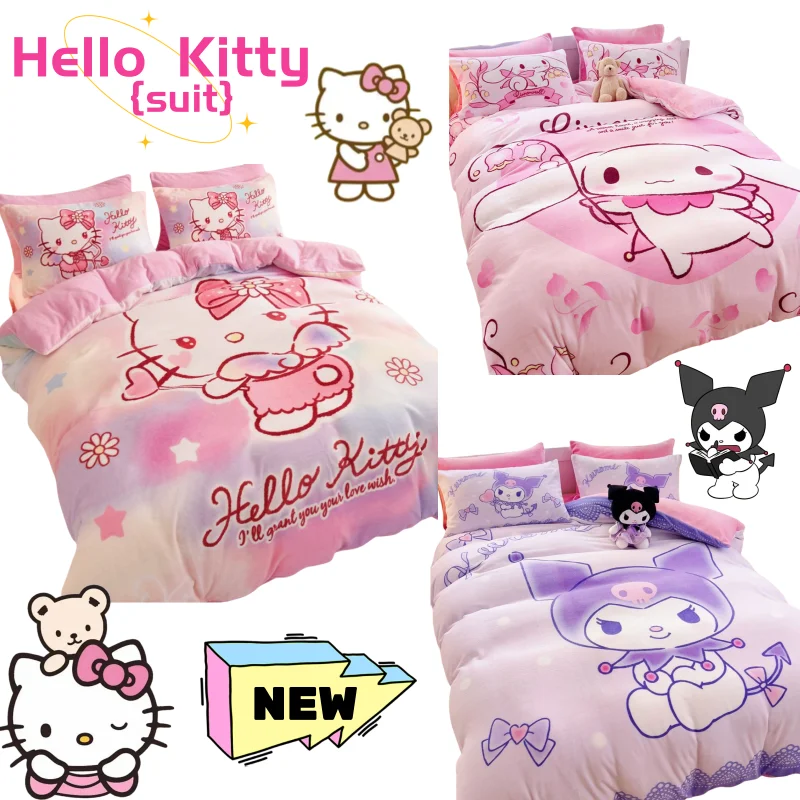 Новый Hello Kitty My Melody Cinnamoroll с мультяшным принтом, осенне-зимний комплект простыни и пододеяльника для спальни в общежитии