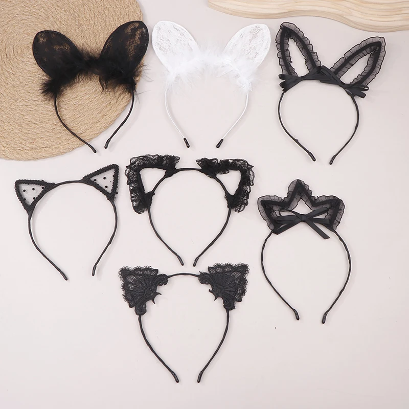 1Pc Headband Ladies Black White Lace Mesh Cat Ear Headband Sexy Crown Headband Rabbit Ear Hair Accessory Party Props