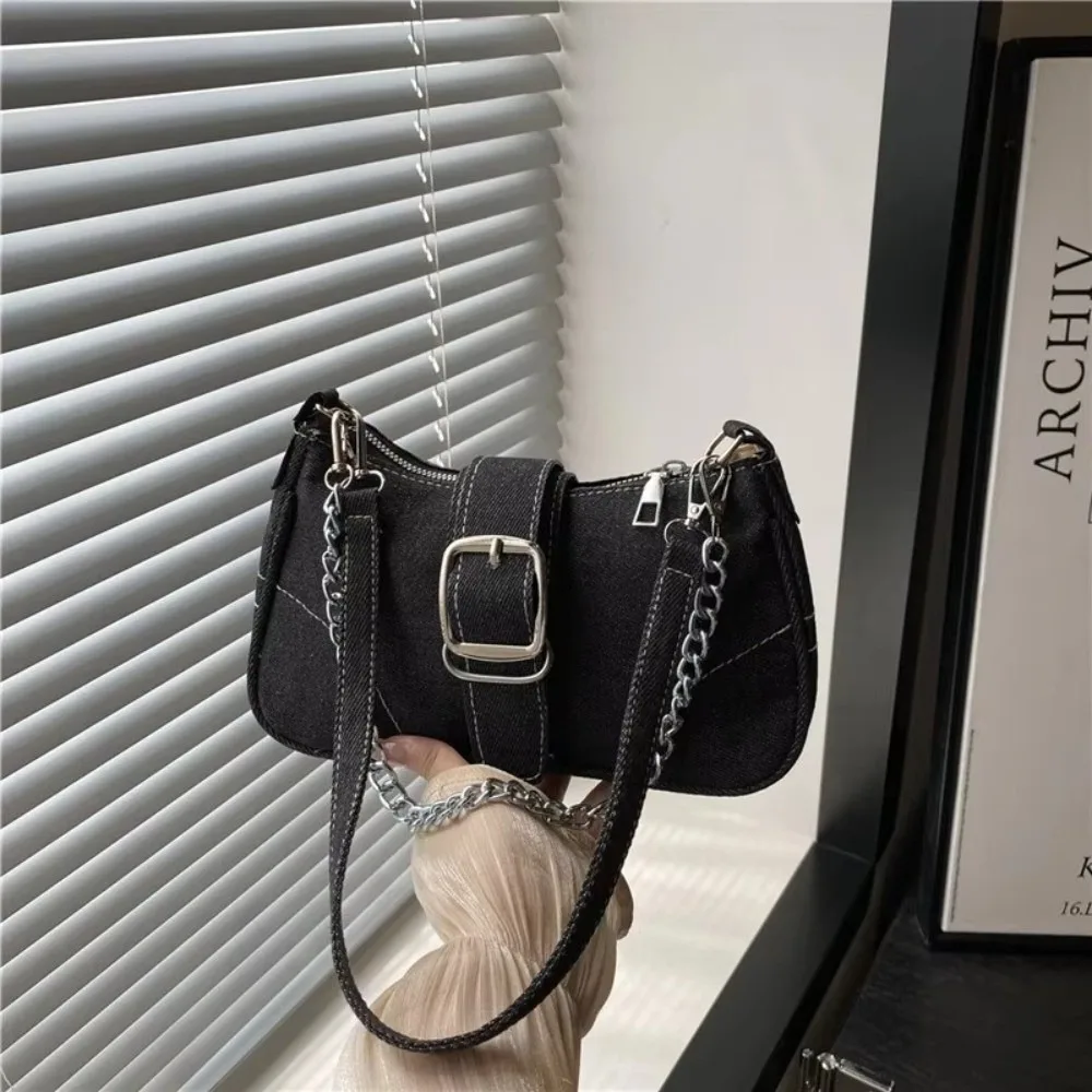 Simple Chain Strap Denim Shoulder Bags Square Shape Portable Size Chain Underarm Bags Y2k Thread Design Crossbody Bag For Women