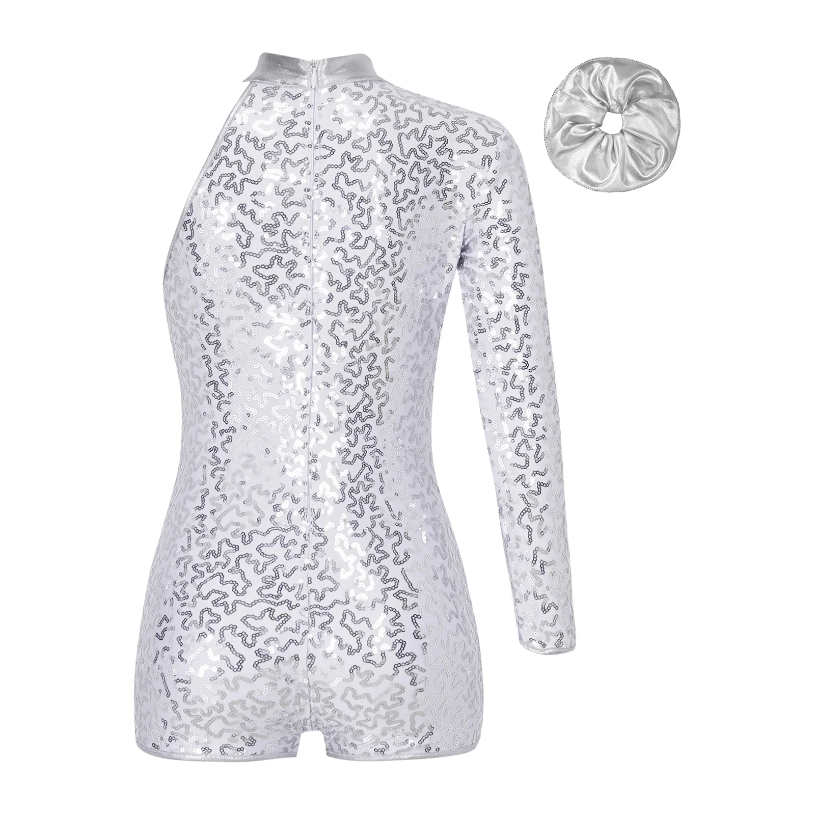 

Girls Jazz Dance Jumpsuits Performance Costume Modern Dancewear One Shoulder Long Sleeve Sequins Zipper Leotard with Hair Band