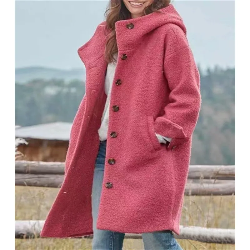 Women Solid Color Loose Cardigan Trench Coat Autumn Winter Woolen Coat Women Long Sleeve Single Breasted Hooded Woolen Long Coat