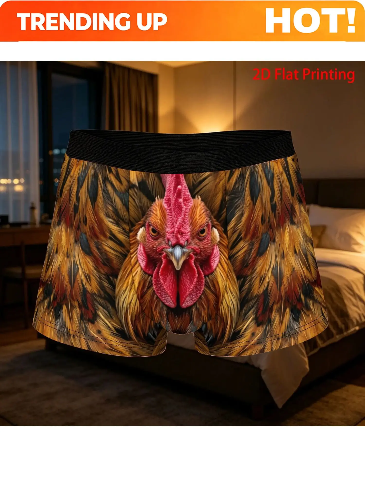Customization 1pc 2D Flat Printing Rooster Portrait Texture Art Funny Interesting Underpants Men'S Panties Male Underwear Printe