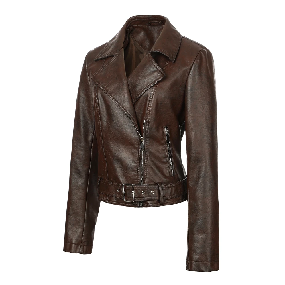 ​​Ladies' Front Zip Faux Leather Coat Belted Waist & Silver Studs | Back Princess Motorcycle Style​​