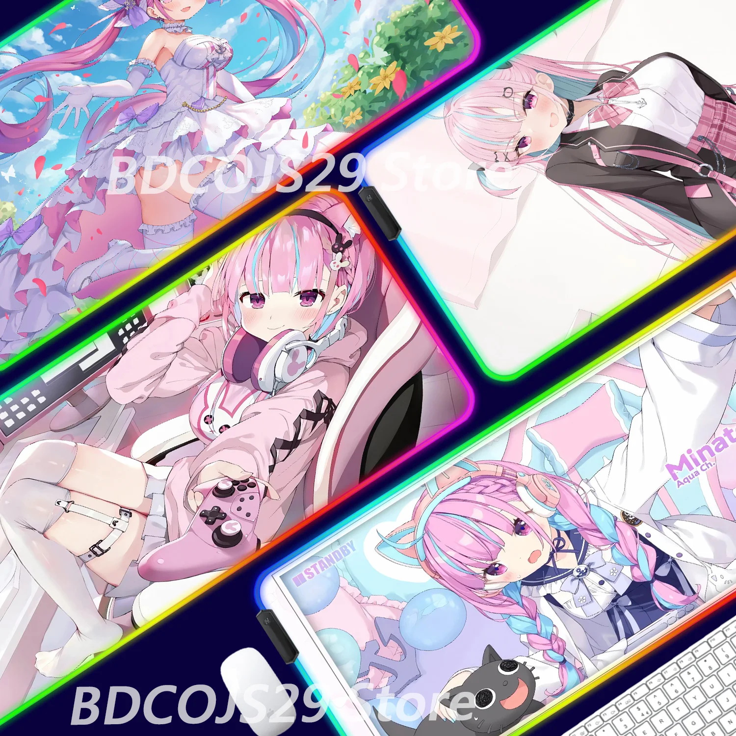 

Hololive Minato Aqua RGB Mouse Pad Laptop Gaming Accessories Gamer Cabinet Mousepad Kawaii Anime Girl Non Slip Desk Mat Carpet
