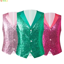 Green Men's Suit Vest, Single-breasted V-neck Vests, Shiny Sequins Decorated Waistcoat, Suitable for Host/Singer/Stage/Party,5XL