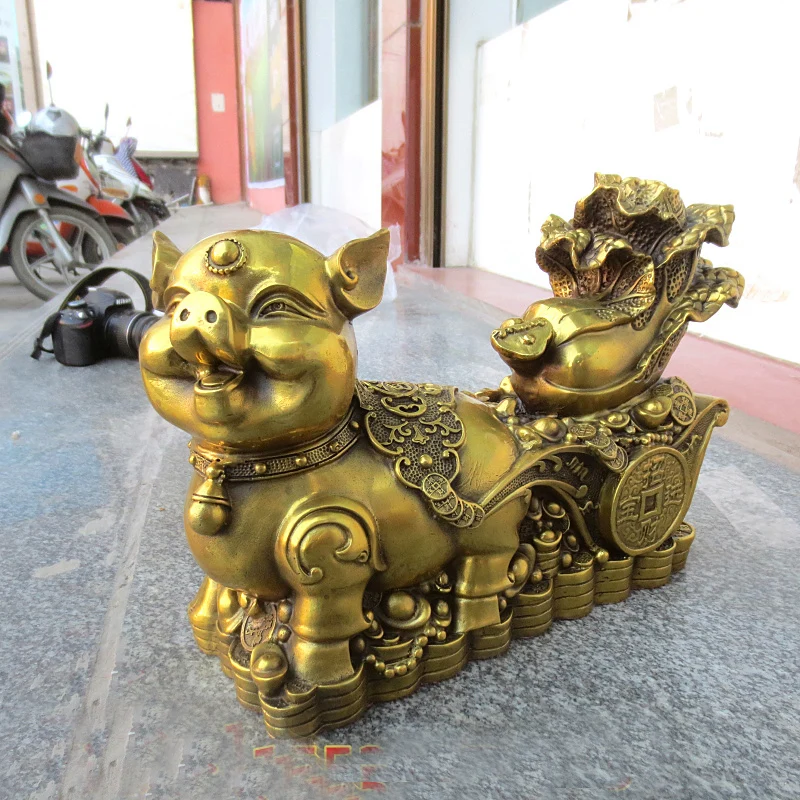 Good LUCK  HOME Shop Business Money Drawing Good luck Mascot Propitious GOLD Fortune pig FENG SHUI BRASS Sculpture Statue
