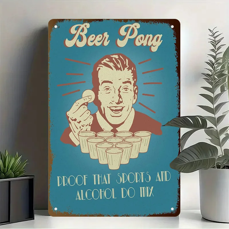 Vintage Beer Pong Tin Sign - Retro Sports & Alcohol Art, High-Quality Metal Wall Decor for Game Room, Bar, or Party, es, Perf