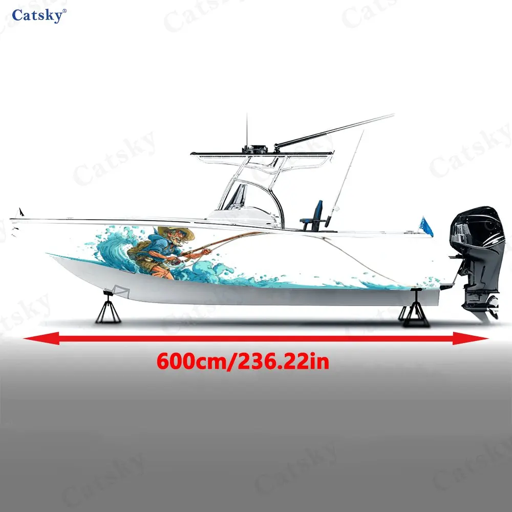 American Comic Style Wave Fishing Boat Stickers, PVC Waterproof Vinyl Wrap Decals for Fishing Boats, Durable and Stylish Design