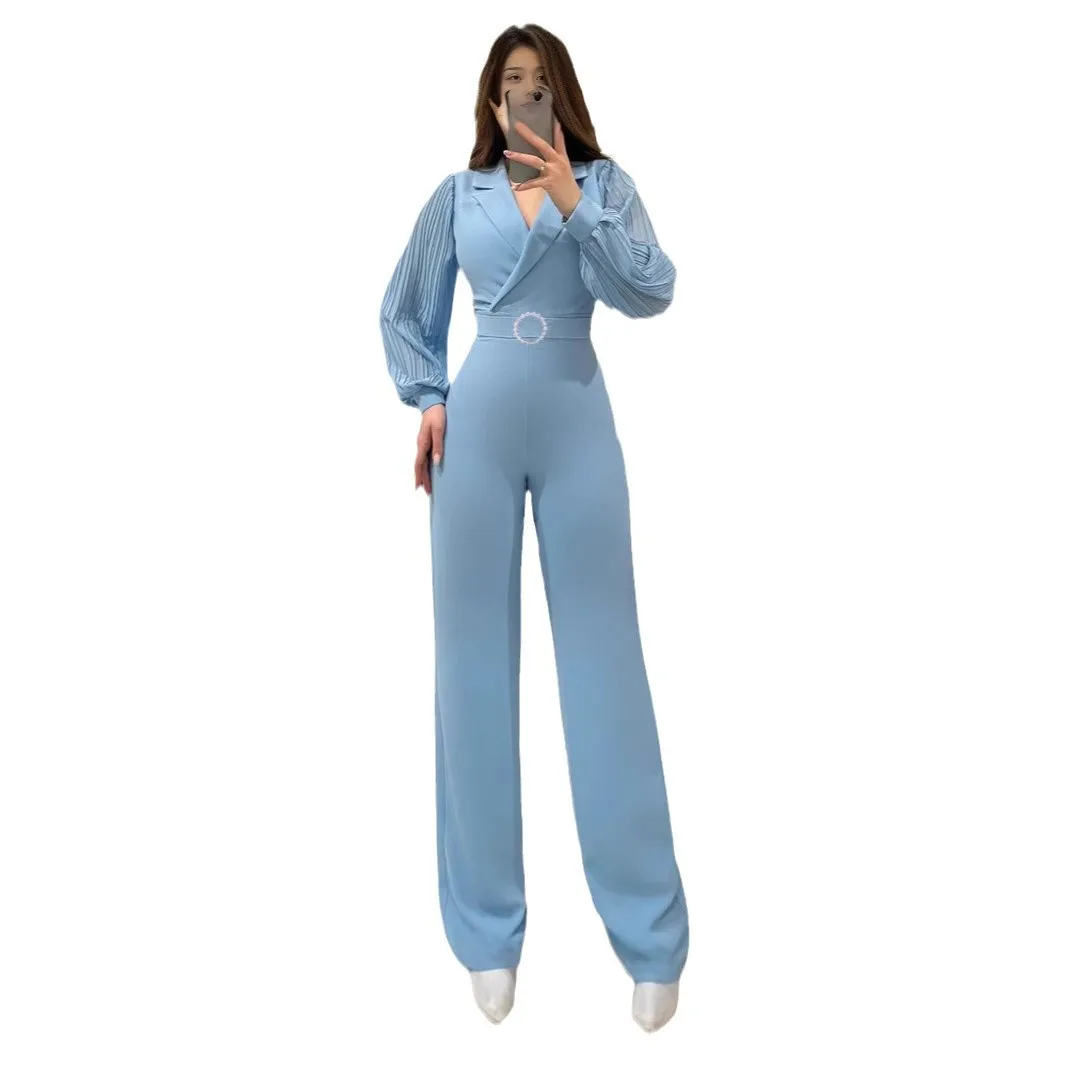 Fashion Party Jumpsuit Elegante formele damesjumpsuit met lantaarnmouwen V-hals Wijde pijpen Chique kantoorkleding voor de lente zomer