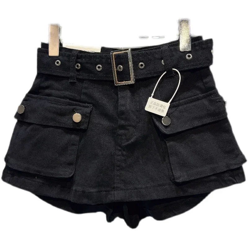 High Quality Hot Selling Internet Celebrity Same Style 2024 New Retro Large Pocket Belt Skirt Pants Three Part Denim Shorts Y2k