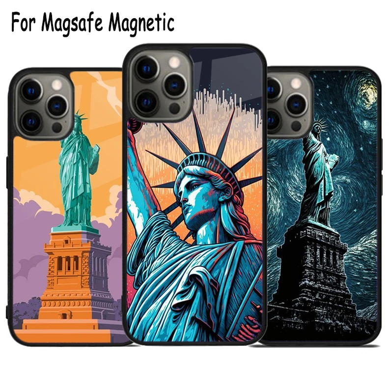 America Statue of Liberty Wireless Charge Magsafe Phone Case For iPhone 15 16 14 13 11 12 Pro Max Plus Magnetic Bumper Cover