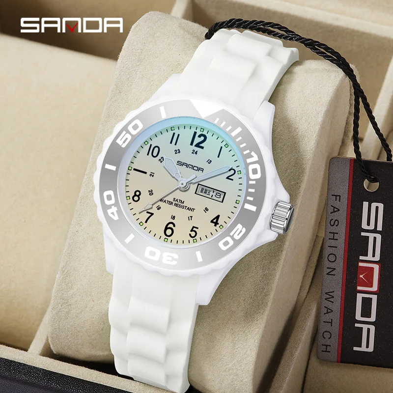 SANDA 1053 Fashion Quartz Watch Students Simple 50M Waterproof Silicone Strap Calendar Luminous Outdoor Sports Watches Teenagers